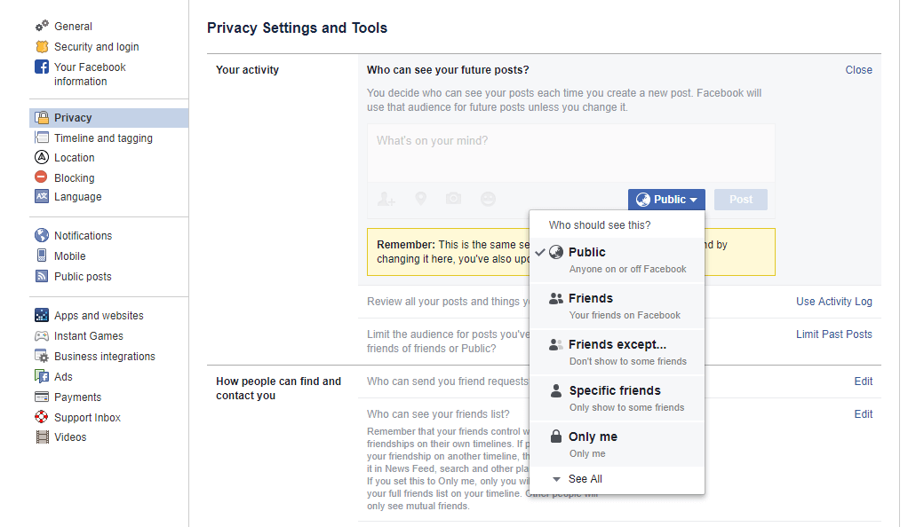 Facebook settings