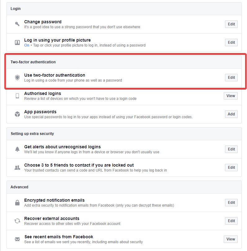 Facebook Two Factor Authentication