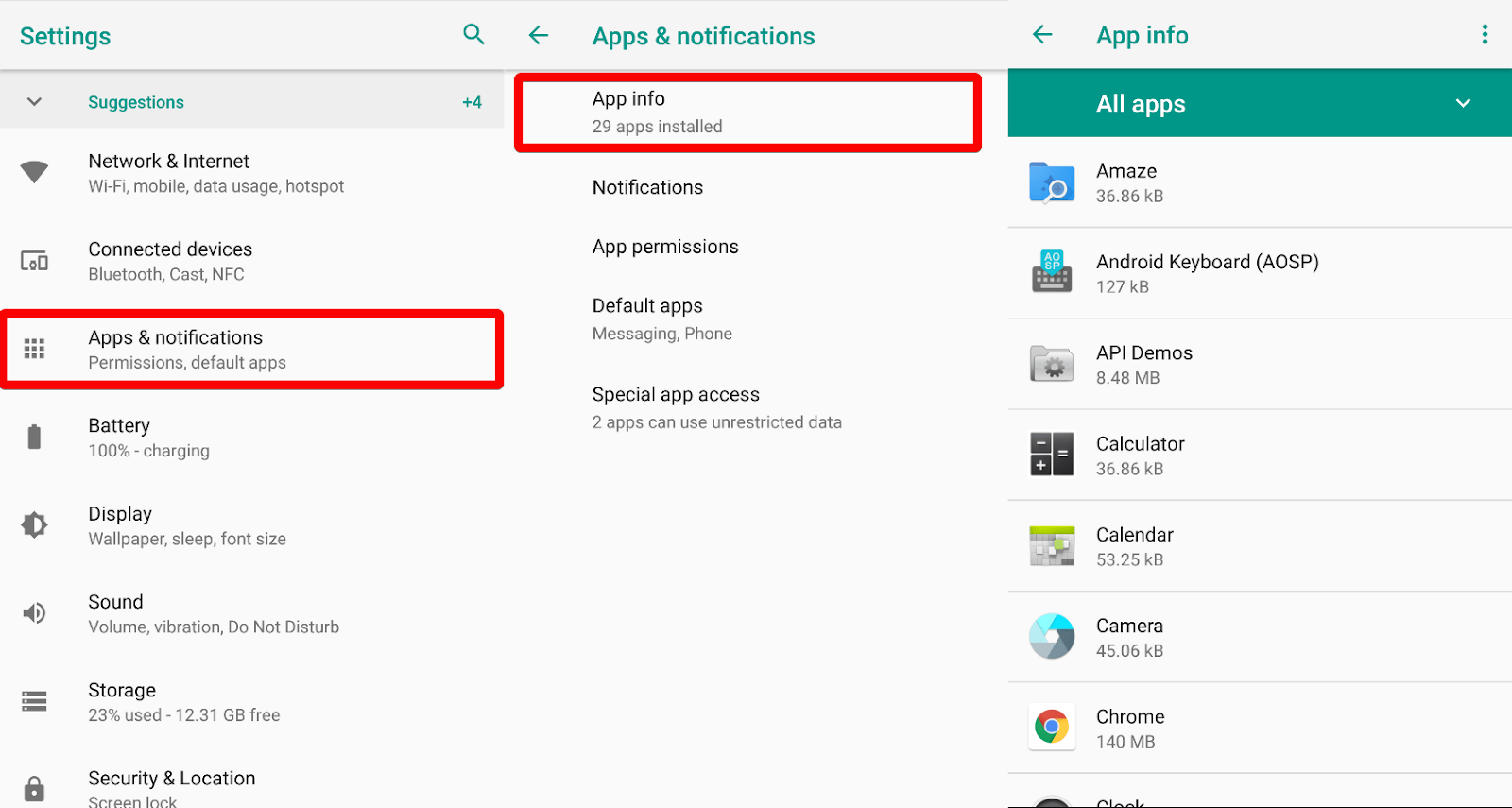 Android manage app settings screen